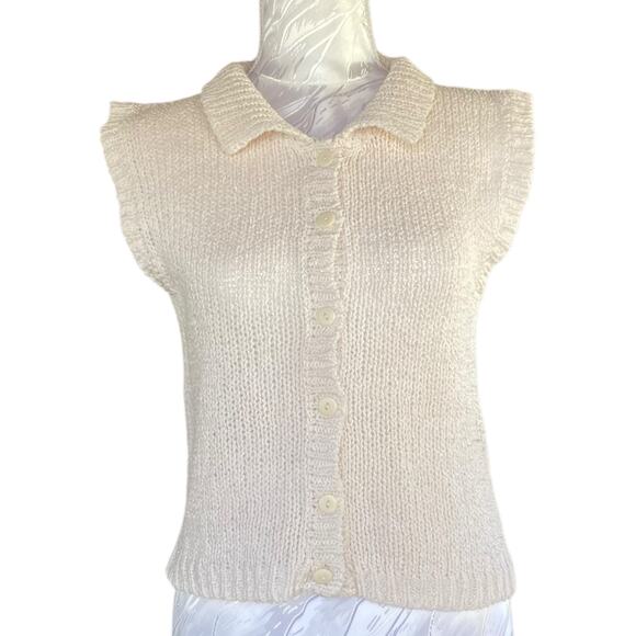 Vintage 90s Ivory Knit Button Down Coquette Cottage Sweater Vest Size Small - Picture 1 of 16
